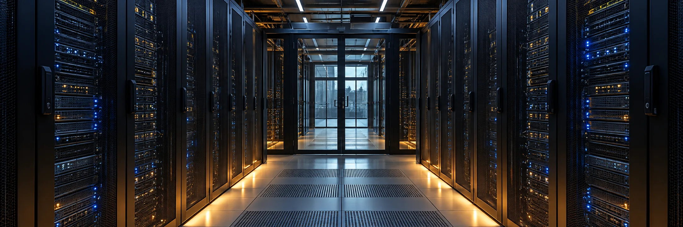 Generated illustration: data centre aisle with server racks.