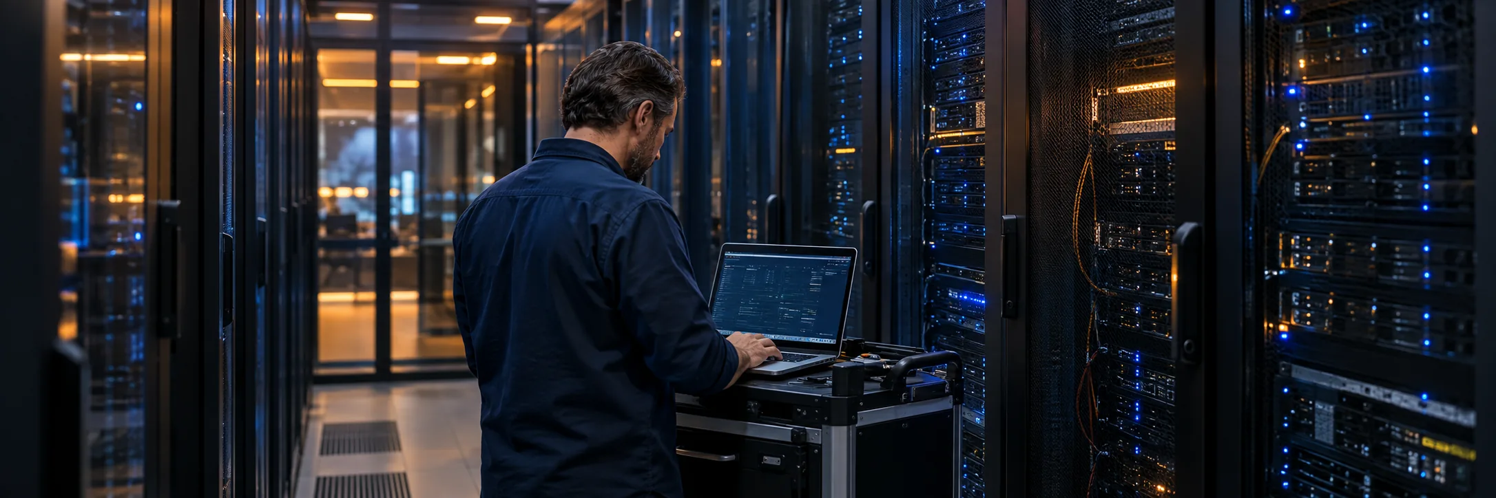 Generated illustration: specialist with a laptop beside a server rack.