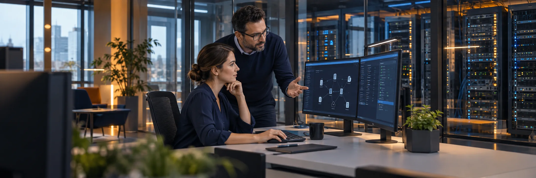 Generated illustration: two specialists reviewing an IT system together.