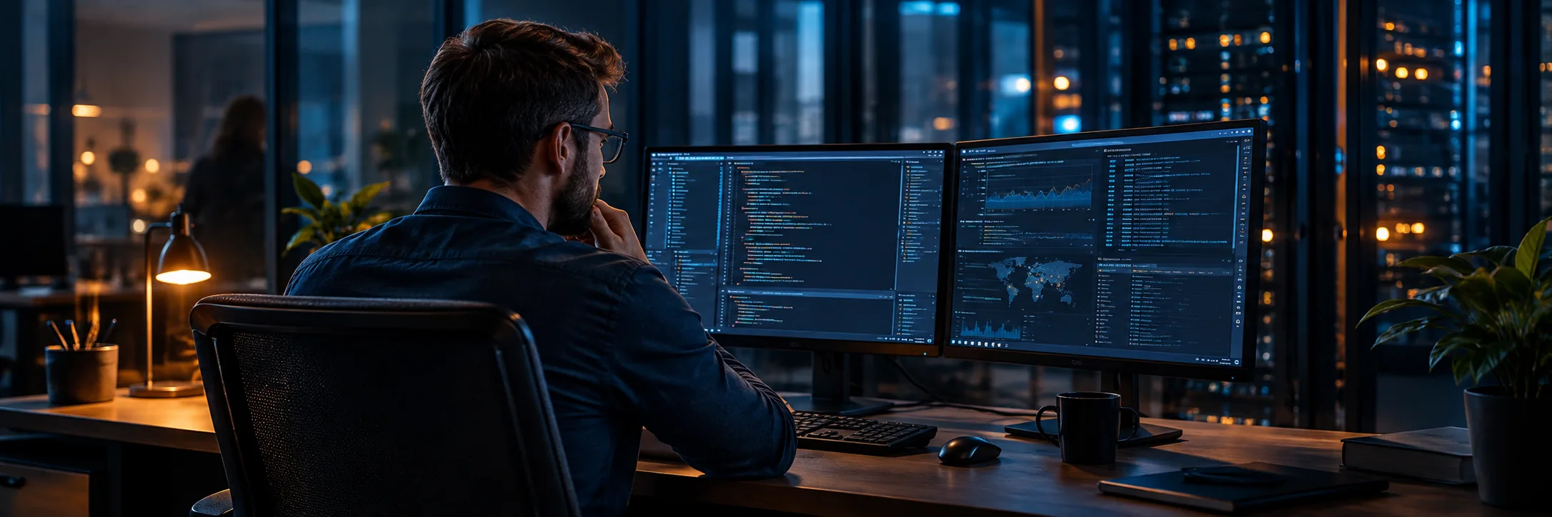 Generated illustration: specialist reviewing code and server settings.